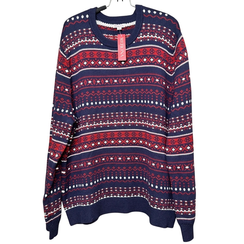 Merona Mens XXL Fair Isle Sweater Navy Red White Nordic Knit Cotton Wool Blend